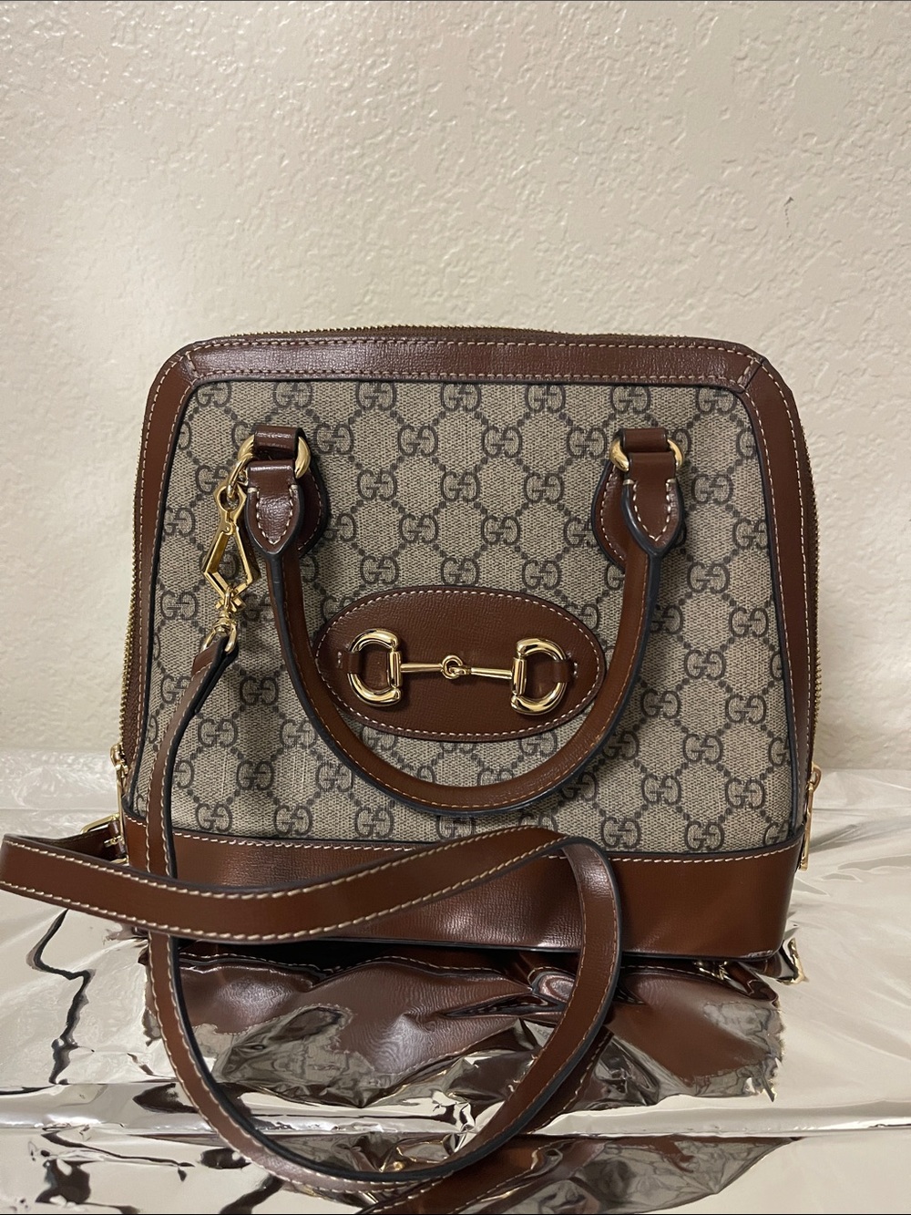 Gucci Brown GG Canvas Horsebit Satchel with Gold Hardware